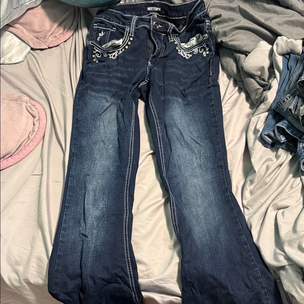 Hot Topic Navy Boot Cut Jeans with White Detailing